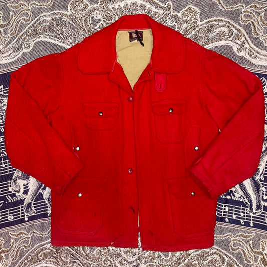 Vintage 1950s Woolrich Mens 46 Cruiser 502 Red Wool Mackinaw Heavy Hunting Jacket •