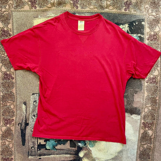 Vintage 1990s Russell Athletic Red Blank V-Stitch Tee Shirt •