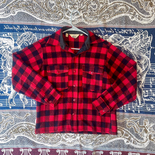 Vintage 1960s Woolrich Red Buffalo Check 100% wool Flannel Shirt fits medium •