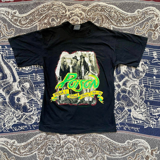 Vintage 1990 Poison Flesh & Blood World Tour 1990-1991 on The Brockum Collection Tag Made in USA Single Stitch *GRAIL NO DRYROT* •