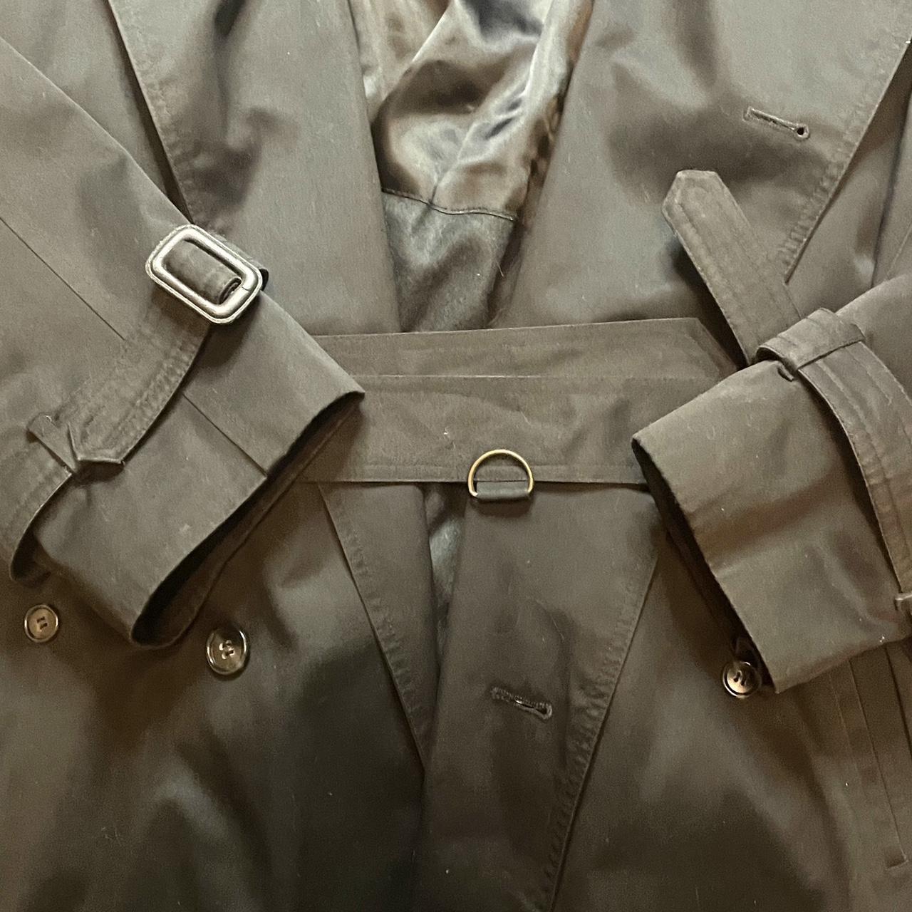 Vintage 1970s Honeywell & Todd Black Trench Coat w/ Belt & Buckles Made in Korea •