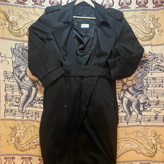 Vintage 1970s Honeywell & Todd Black Trench Coat w/ Belt & Buckles Made in Korea •