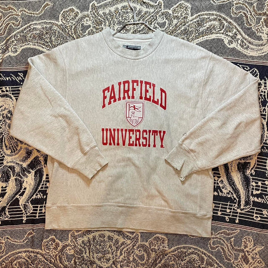 Vintage Late 1990s Fairfield University Champion Reverse Weave Crewneck w/ Distressed Sleeve cuffs •
