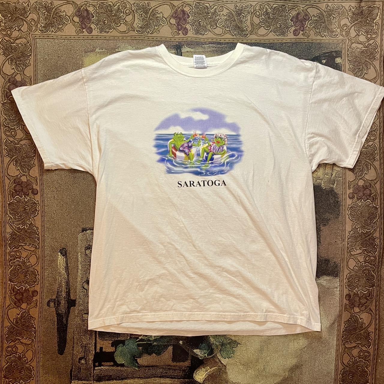 Vintage 1990s Saratoga Lounging Frogs Tee Shirt on Jerzeez Tag launched in 1984 •