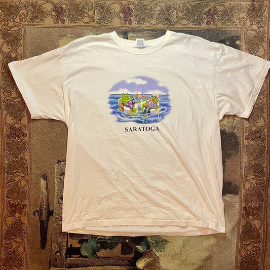 Vintage 1990s Saratoga Lounging Frogs Tee Shirt on Jerzeez Tag launched in 1984 •