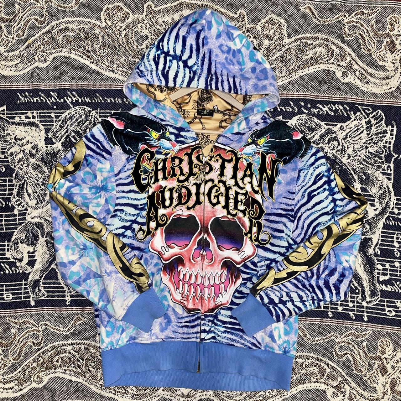 Vintage Y2K Ed Hardy x Christian Audigier Pink Skull & Crown Zip Up Hoodie with Rhinestones