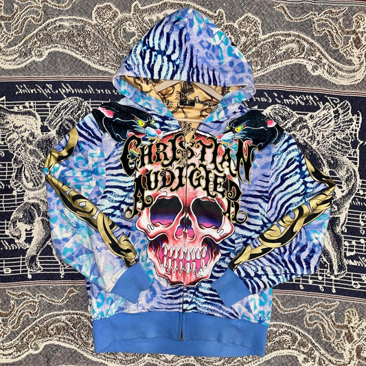 Vintage Y2K Ed Hardy x Christian Audigier Pink Skull & Crown Zip Up Hoodie with Rhinestones