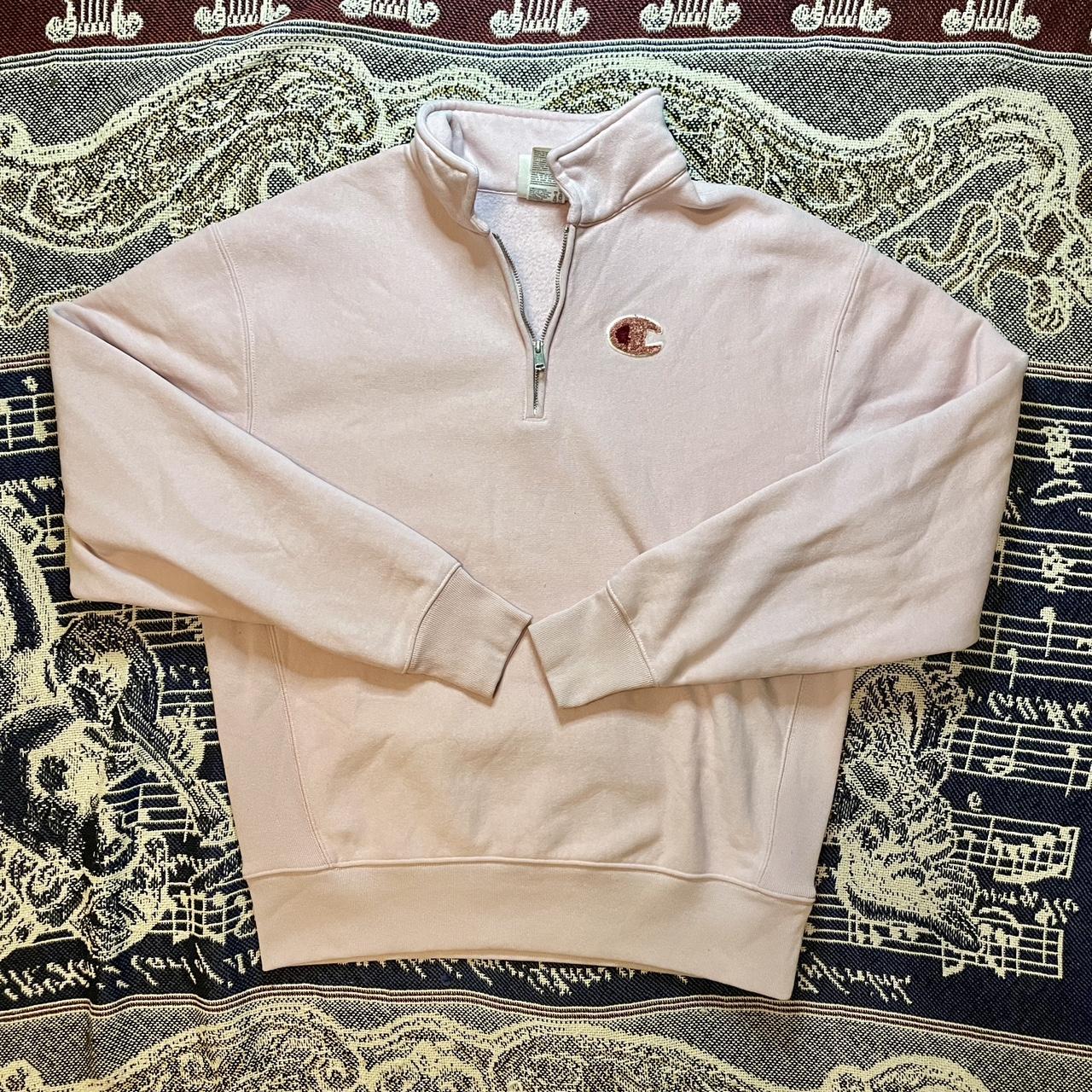 Y2K Champion Reverse Weave Pink Quarter Zip Sweater on Blue Tag •