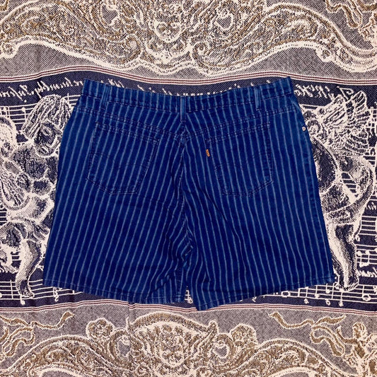 Vintage 1990s Levi’s Orange Tab Denim Jean Shorts Jorts with pinstripe pattern made in USA •