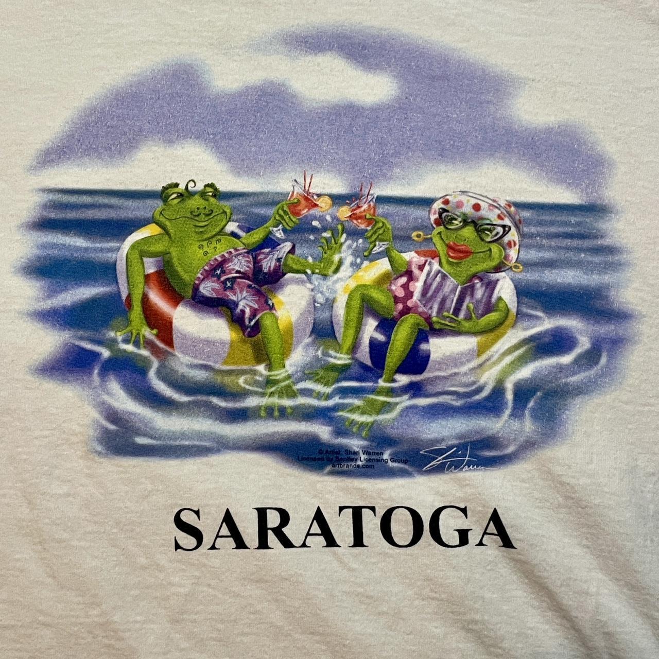Vintage 1990s Saratoga Lounging Frogs Tee Shirt on Jerzeez Tag launched in 1984 •