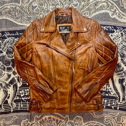 Vintage 1970s Handmade RL Real Leather Motorcycle Jacket w/ waffle stitching •
