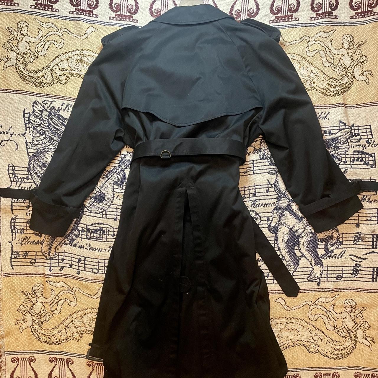 Vintage 1970s Honeywell & Todd Black Trench Coat w/ Belt & Buckles Made in Korea •